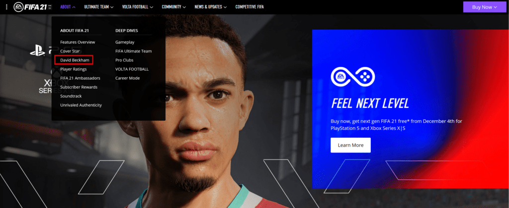 david beckham menu fifa 21 site