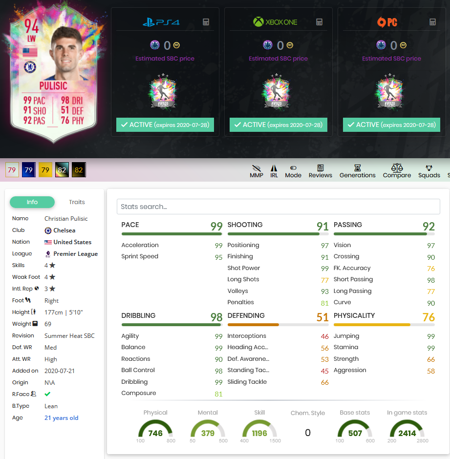pulisic stats summer heat fifa 20