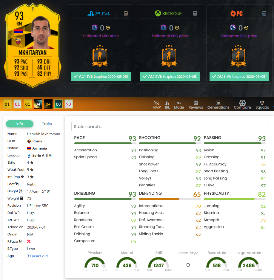stats mkhitaryan fifa 20