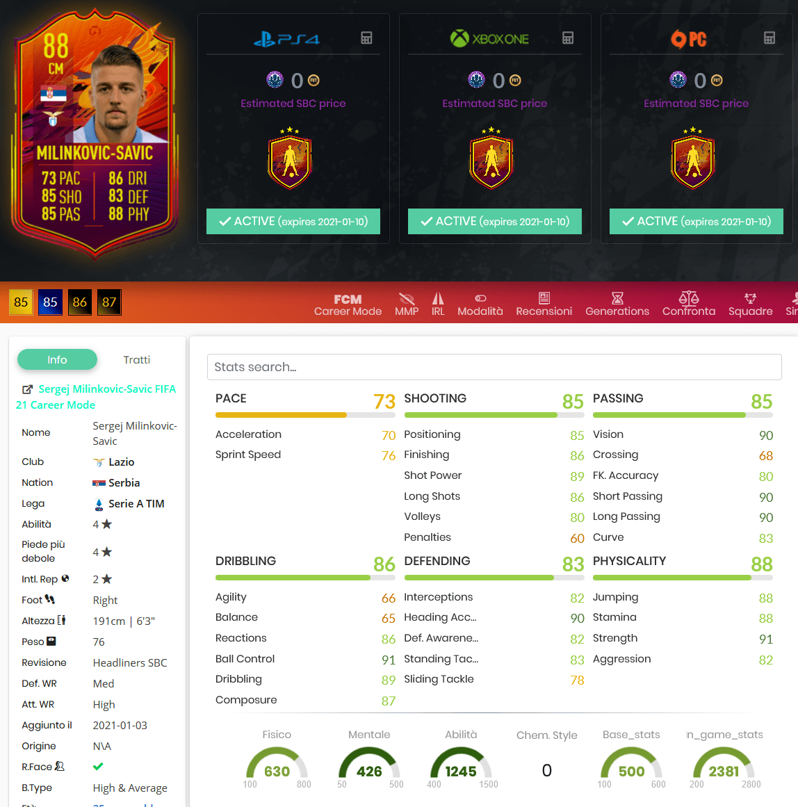 stats milinkovic headliners fifa 21