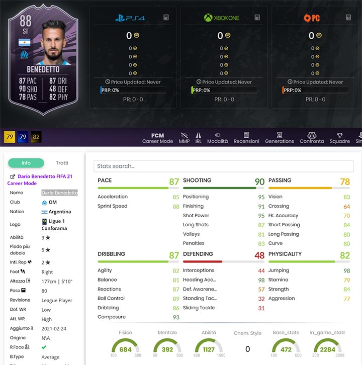 stats benedetto league player fifa 21