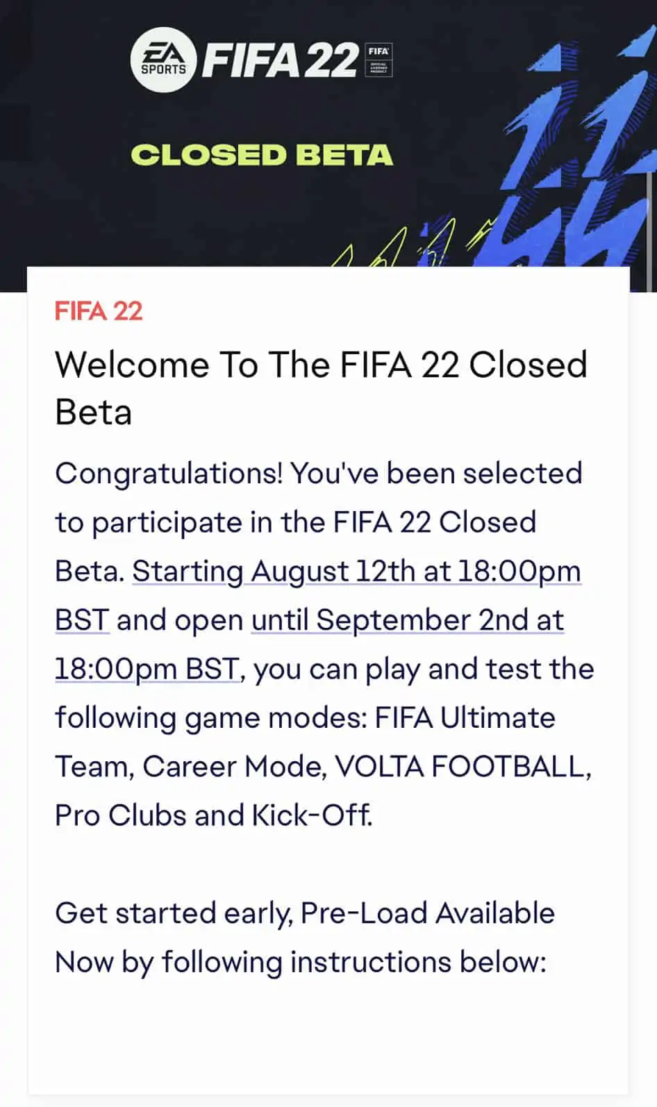 closed beta mail fifa 22