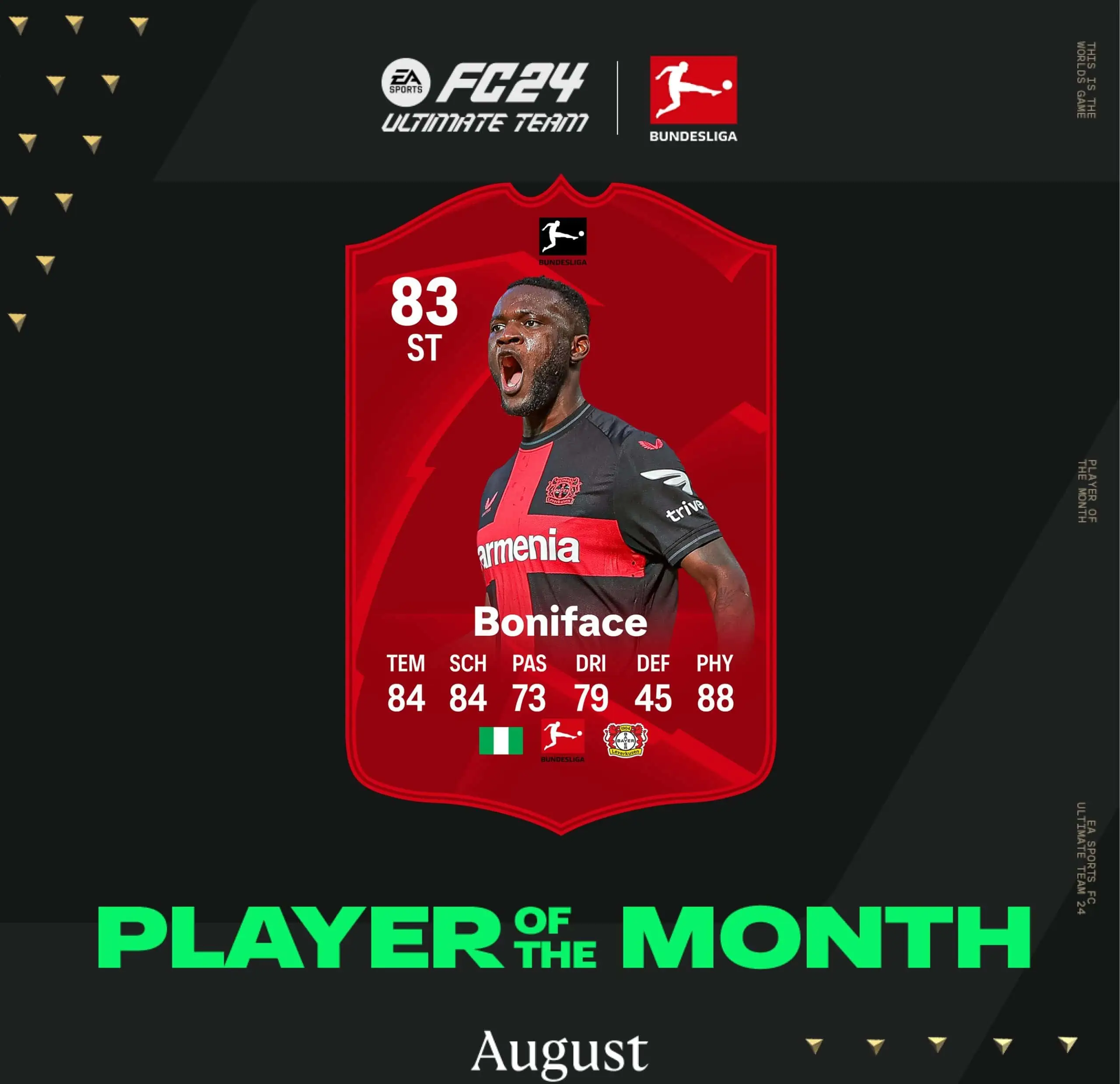 EA Sports FC 24 SBC Victor Boniface POTM Agosto: Player Of The Month Bundesliga.